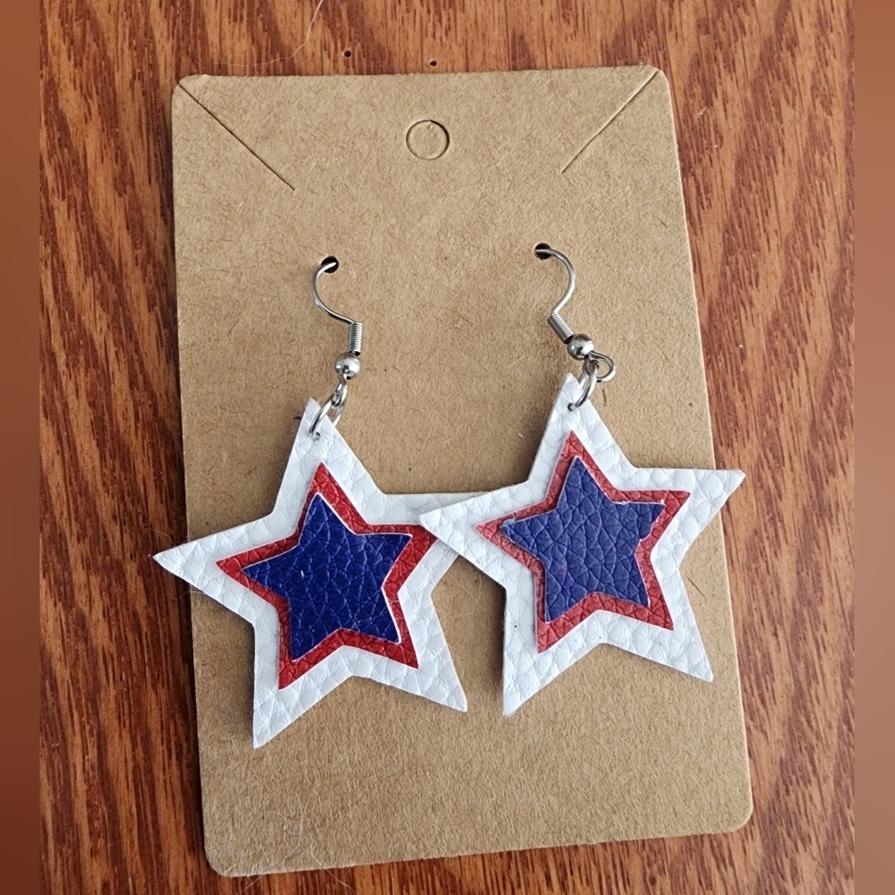 Red, White, and Blue Faux Leather Star-Shaped Dangle Fishhook Earrings